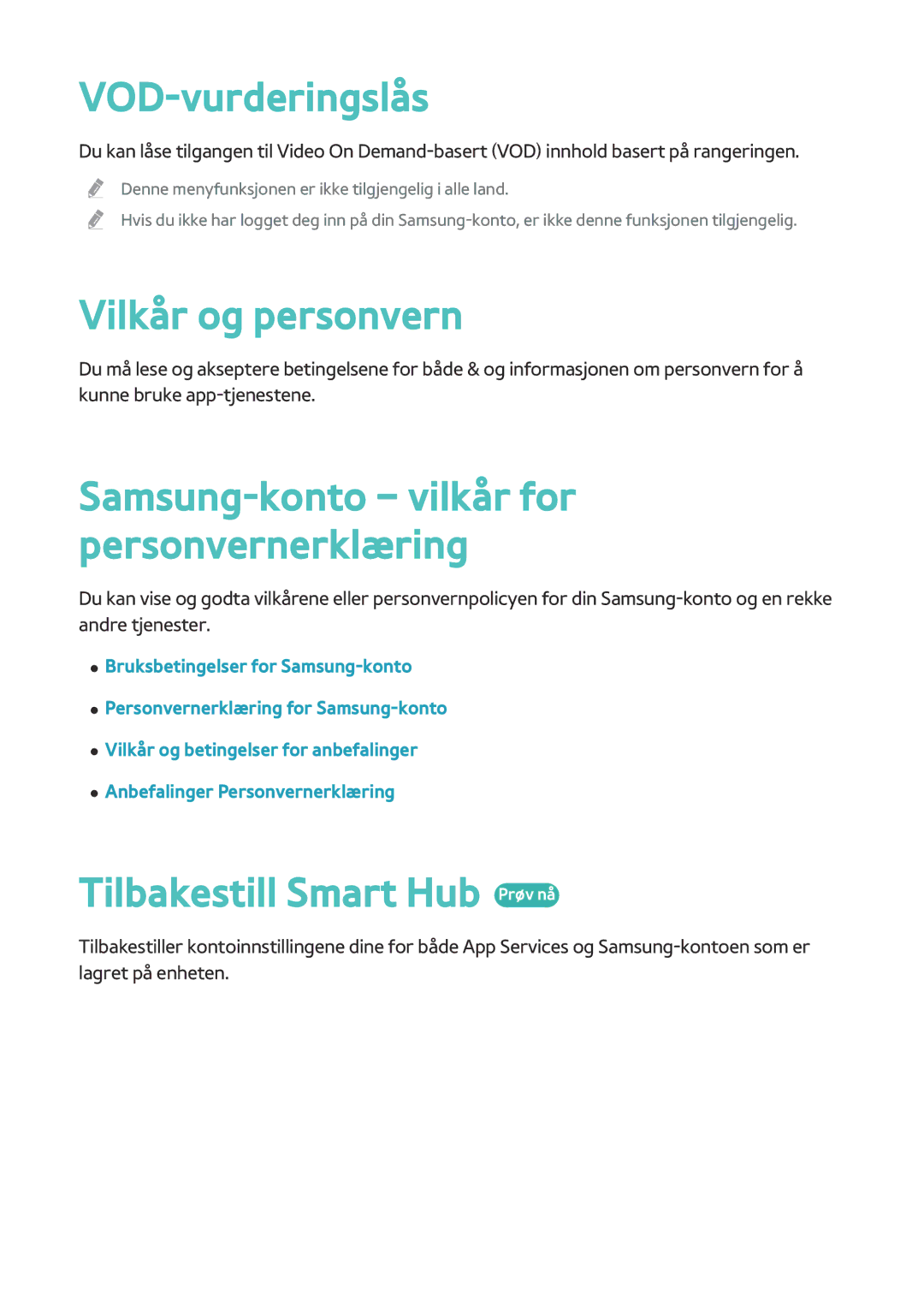 Samsung BD-H8500N/XE, BD-H8900N/XE VOD-vurderingslås , Vilkår og personvern, Samsung-konto vilkår for personvernerklæring  